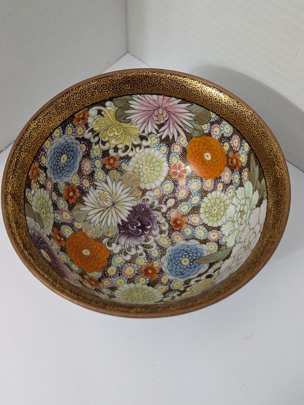 Vintage Kutani Japan Porcelain Bowl Hand Painted Floral Chrysanthemum and Daisy